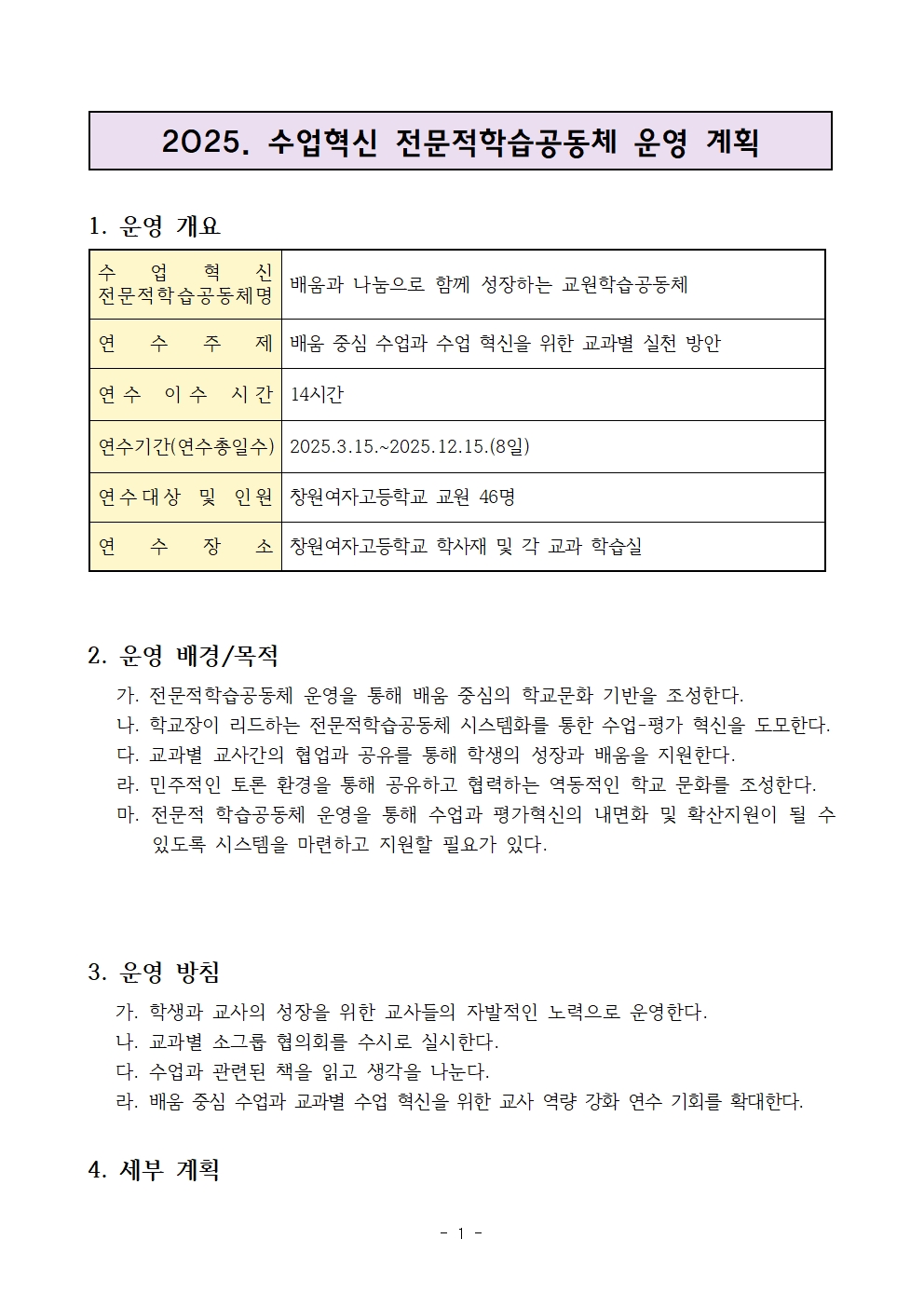 2025. 창원여고 전문적학습공동체 운영 계획